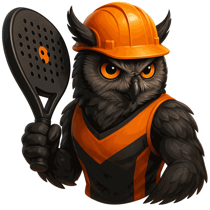 Eule mit Bauhelm und Padelschläger